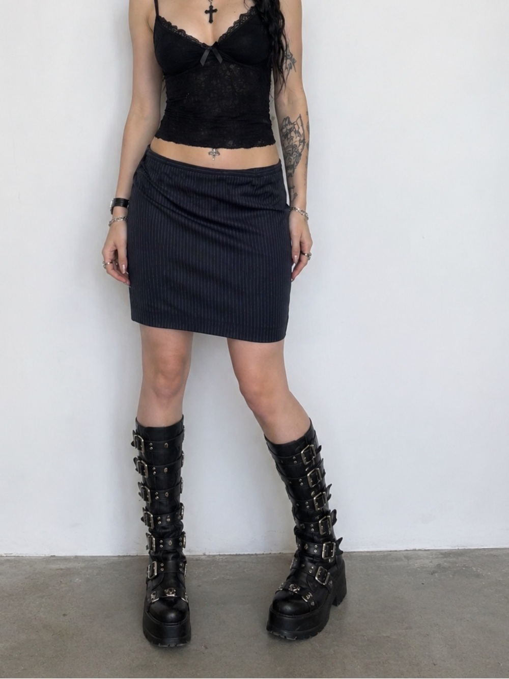 Ingenuity Early 2000s Classic Black Pinstripe Mini Skirt